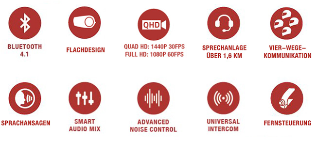 Features des Sena 10C EVO Bluetooth QHD-Kamera und Kommunikationssystem fr Motorrder mit WLAN Technologie